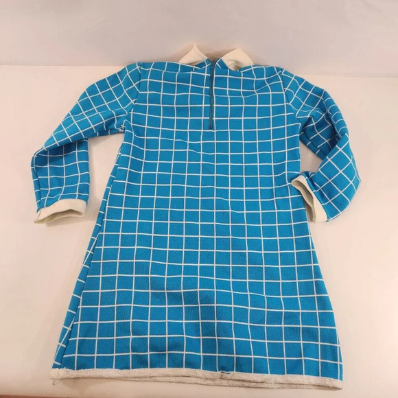 Girls Dress Blue Mod Check Pattern Black & White Collar 1970s 1960s Size 4-5 Vtg - Picture 9 of 13